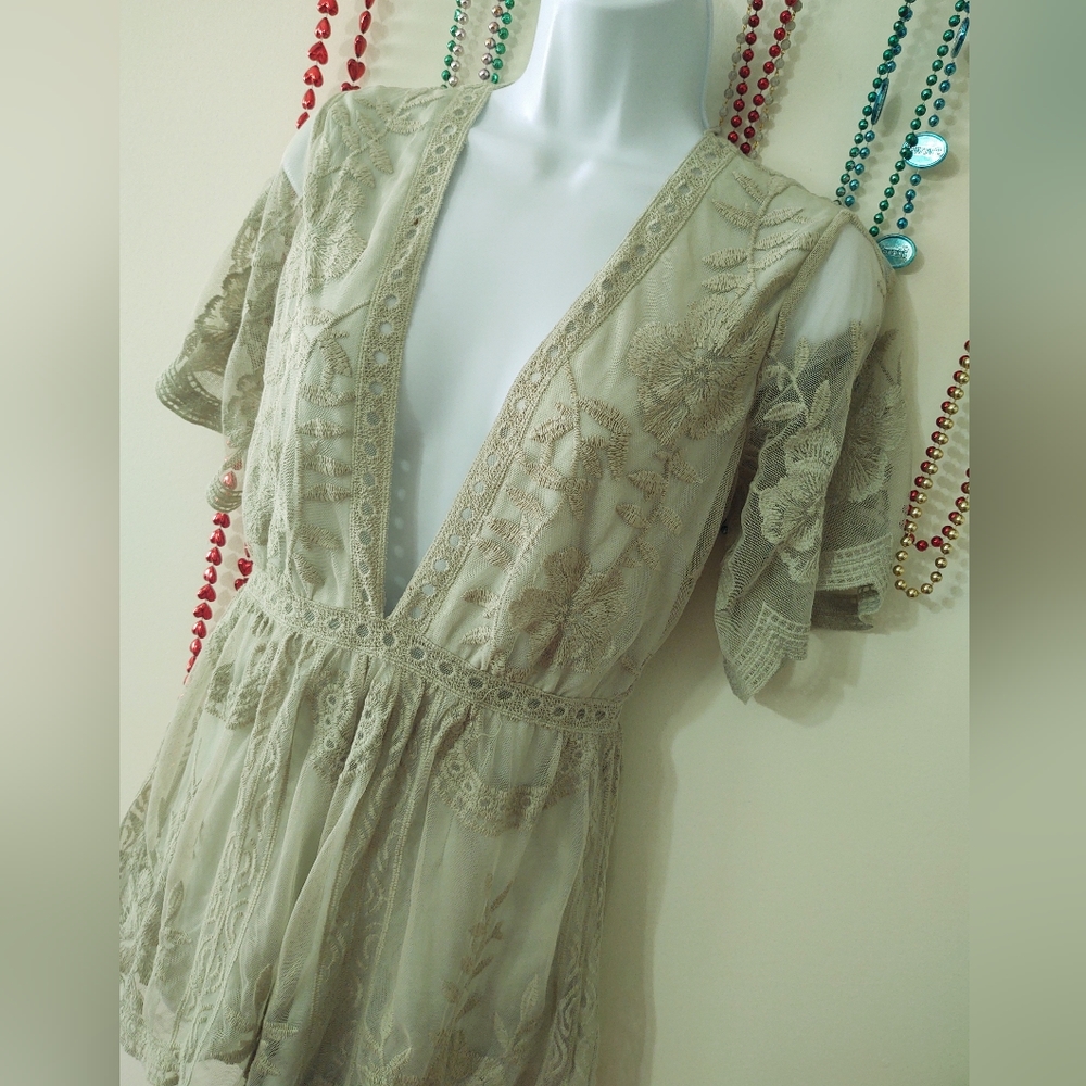 Honey Punch Lace Romper Plunging V-Neck Light Sage Green Sm
